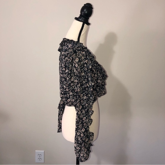 Pookie & Sebastian Black Floral Cropped Top Long Sleeve Zip Back Size Small - Picture 3 of 10